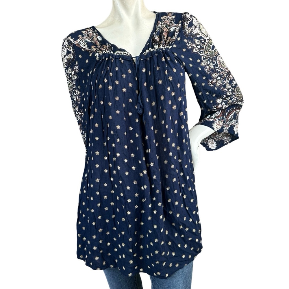Angie Navy Blue & Brown 3/4 Sleeve Floral Flowy Peasant Boho Hippie Blouse Small